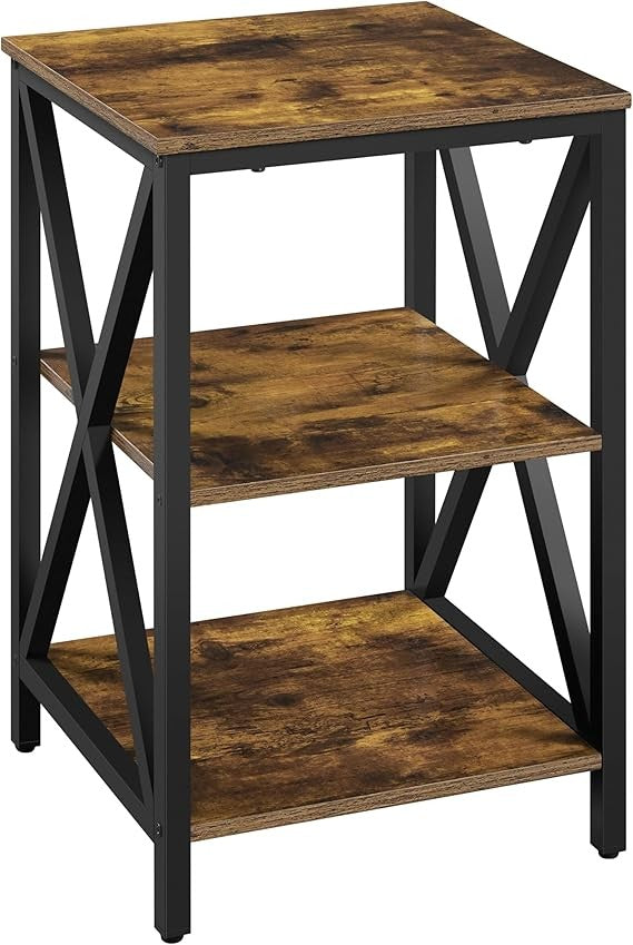 Rustic Brown 3-Tier Industrial Side Table | X-Frame Bedside Nightstand