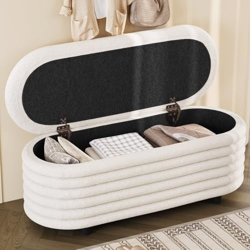 Miuuod Oval Storage Ottoman Bench 116.5cm Sherpa Fabric Cream White