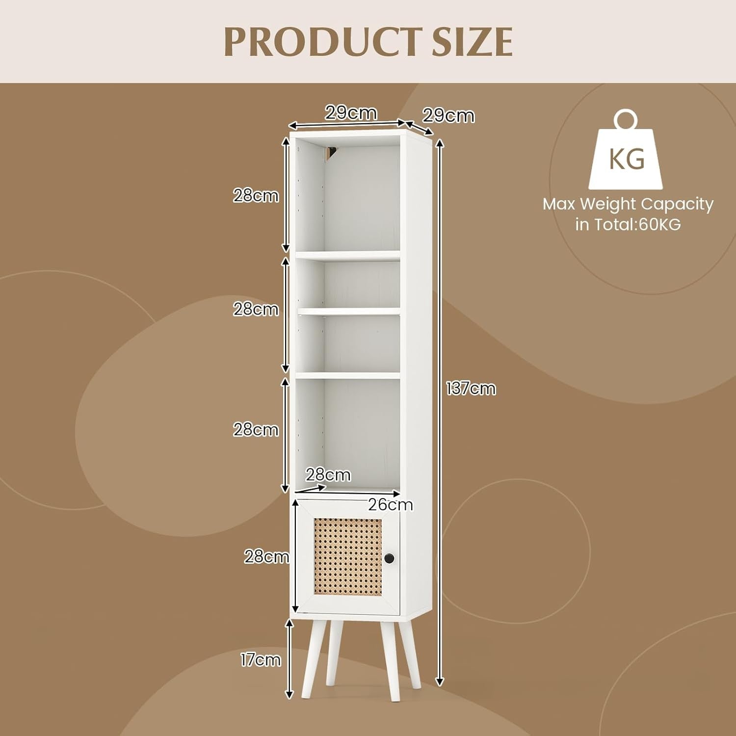 Slim Tall White Bookcase with Cabinet 6-Tier Adjustable Shelves Modern Storage