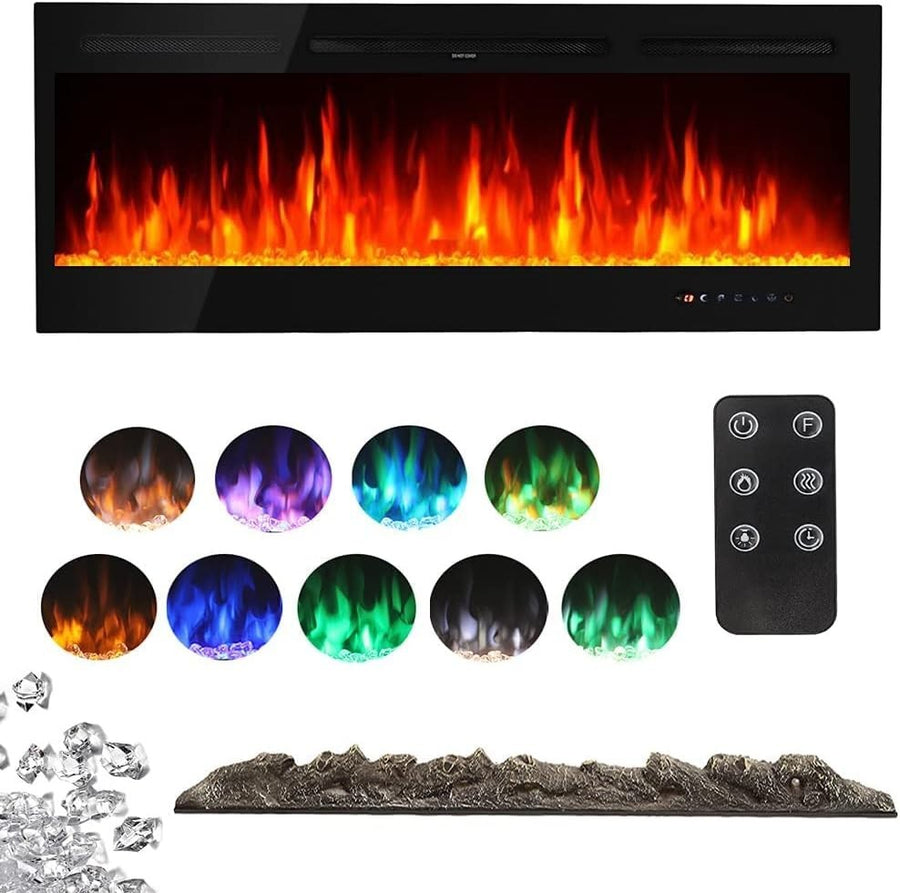 70" Wall Electric Fireplace Insert LED Crystal Flame Heater Remote