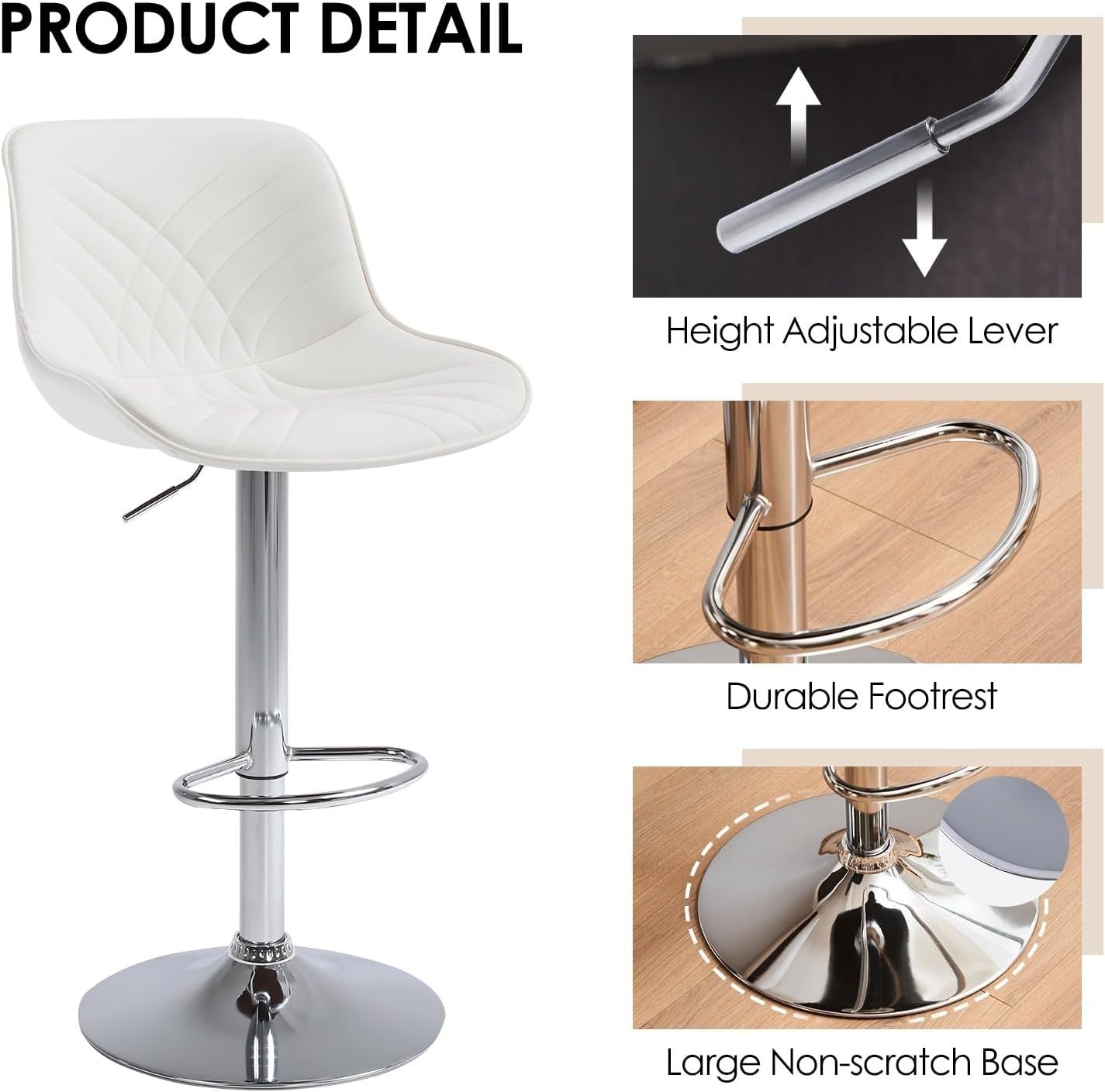 Adjustable White Faux Leather Bar Stools Set of 2 | Swivel Kitchen & Counter