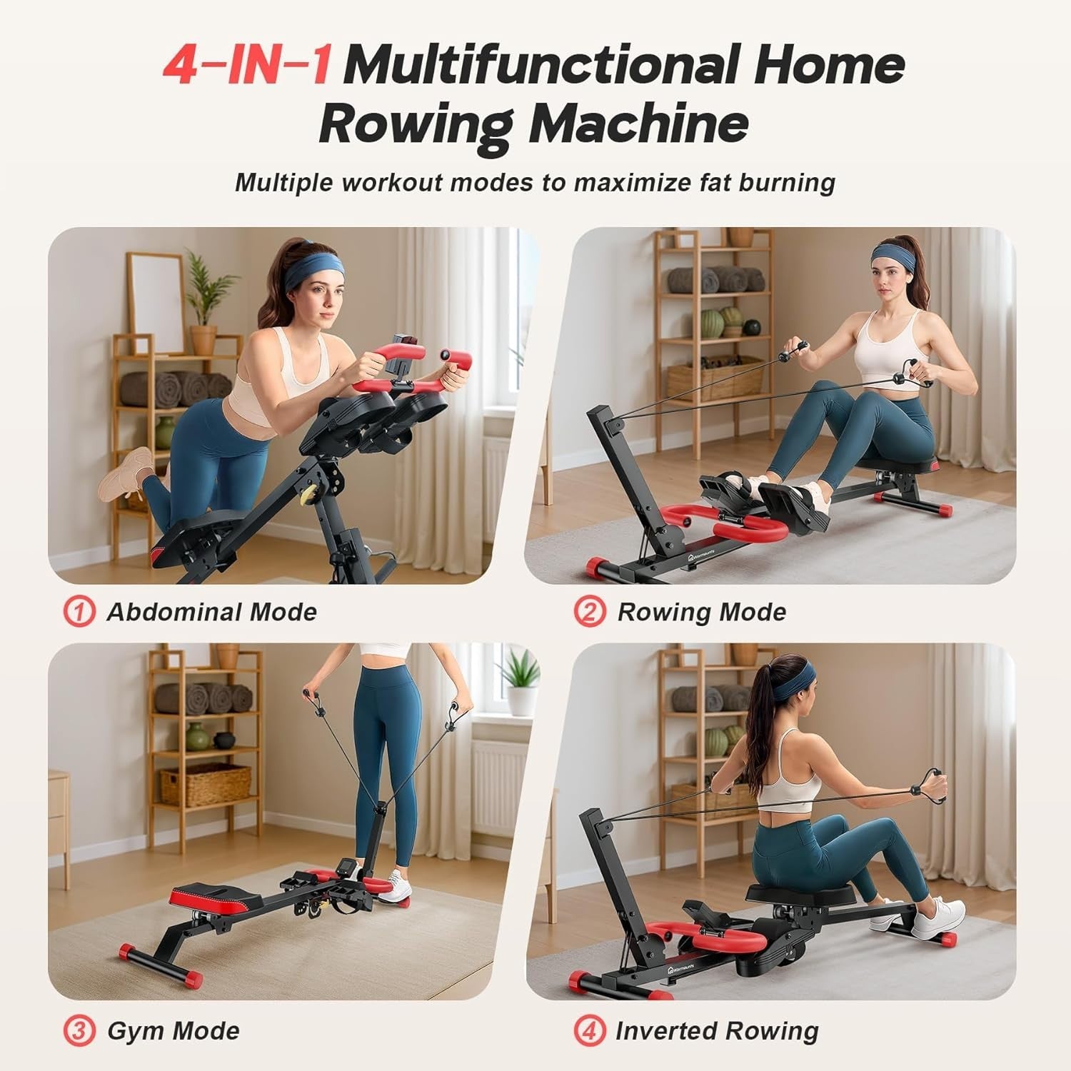 4 in 1 Foldable Rowing Machine Ab Trainer w LCD Adjustable Home Gym