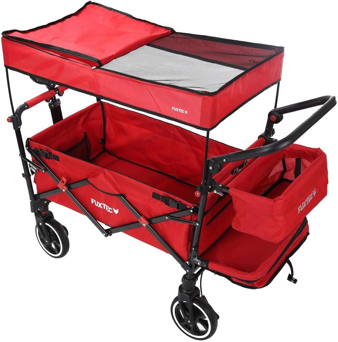 Red Folding Stroller Wagon Kids Push Pull Cart w/ Canopy & Safety Harness