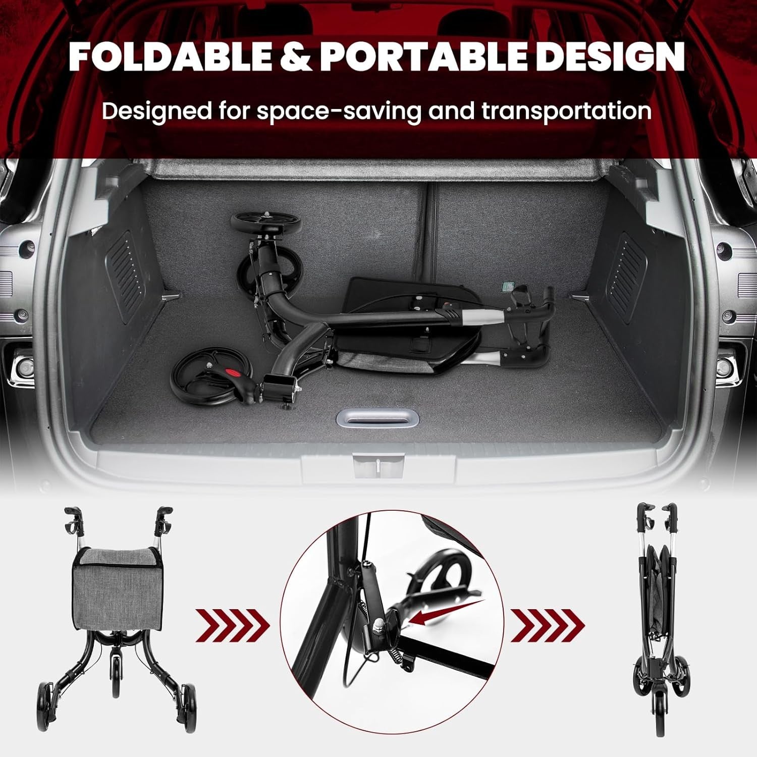 3 Wheel Folding Rollator Walker Lightweight Adjustable Mobility with Brakes
