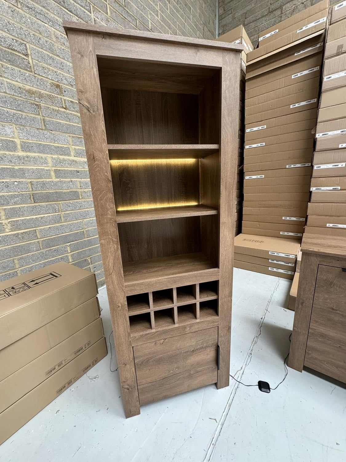 Dark Oak Display Cabinet with Wine Rack & LED Lighting | Tall Bar Storage Unit