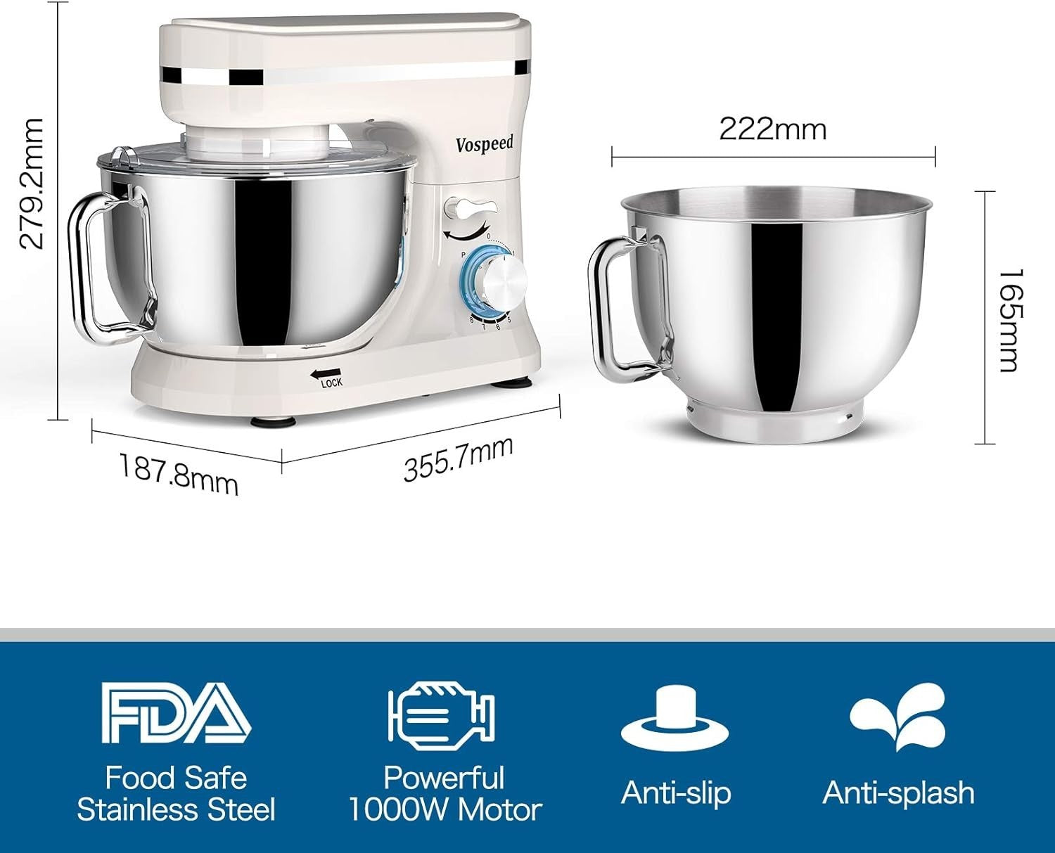 5QT 1000W Stand Mixer 8-Speed Tilt-Head Food Mixer White Stainless Steel