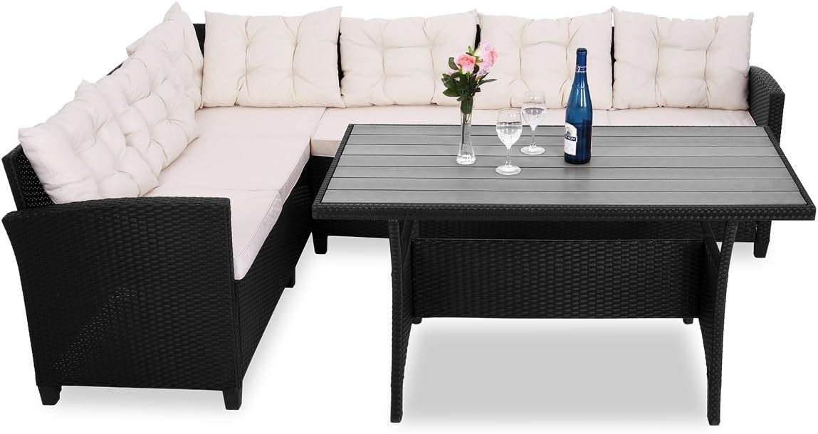 Outdoor Poly Rattan Corner Dining Set | Weatherproof Patio Sofa w/ Cushions
