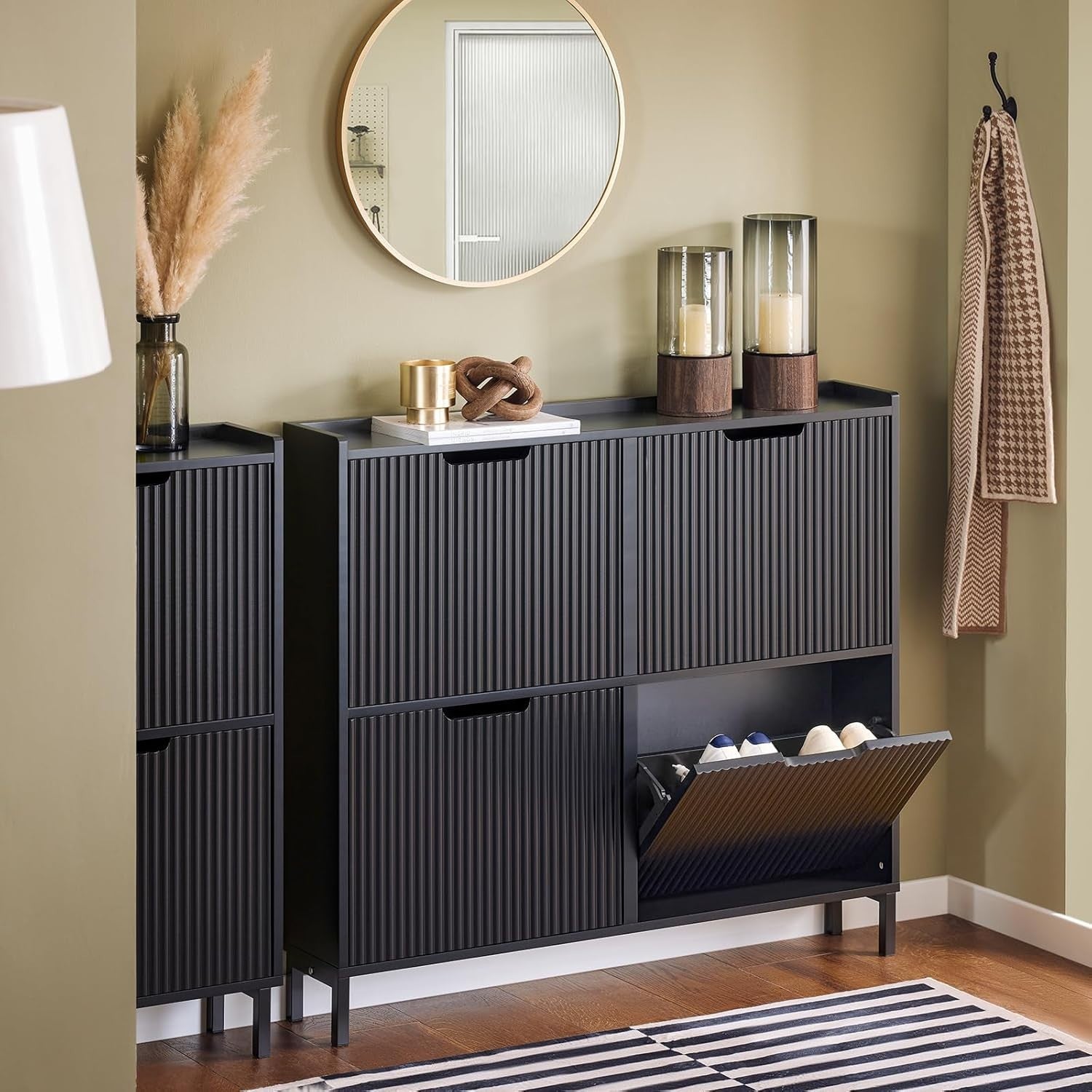 Black Slim Shoe Cabinet 4 Flip Drawers – Wide Hallway Storage Unit 100cm