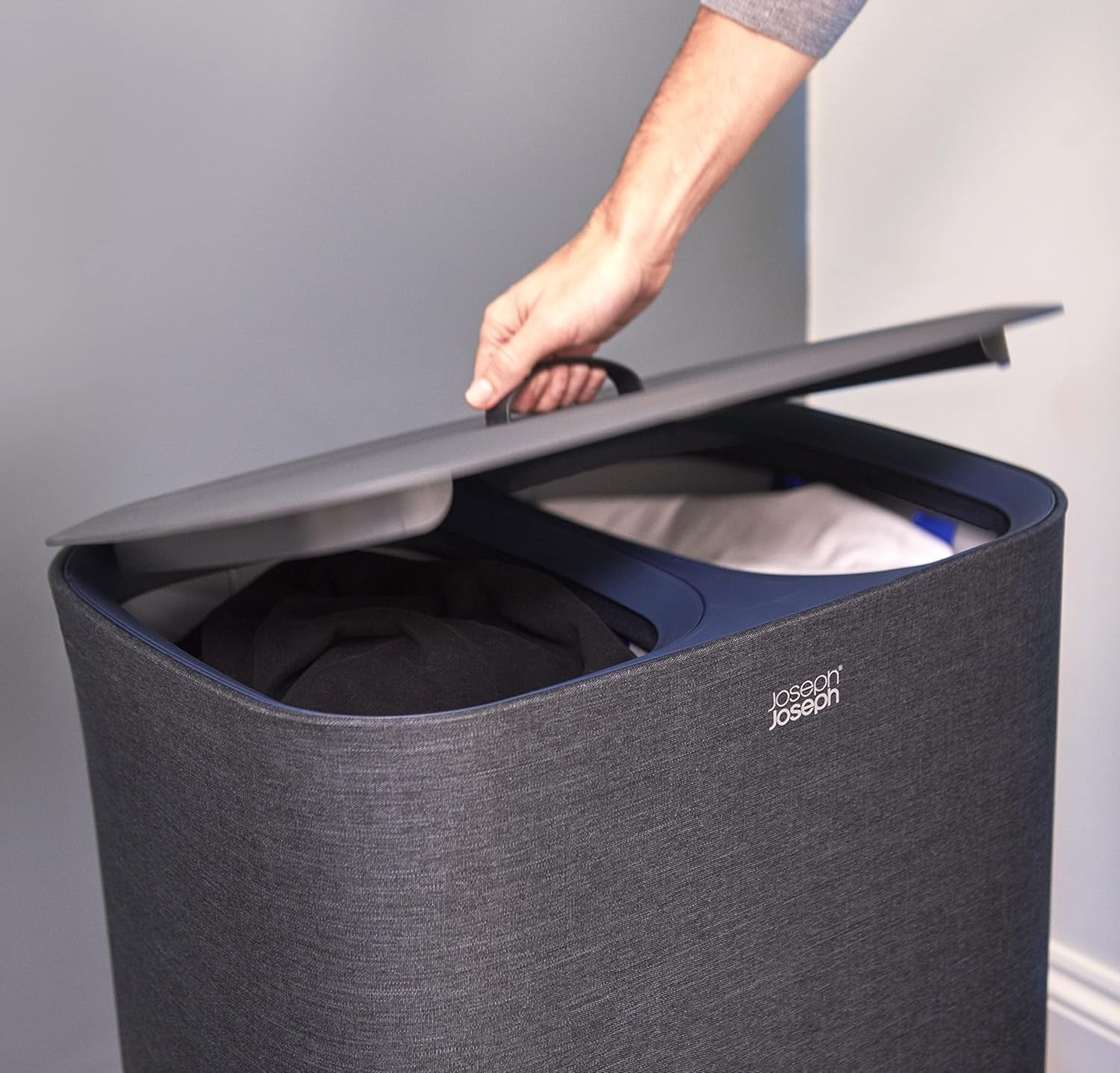 90L Dual Compartment Laundry Basket with Lid Removable Bags Carbon Black