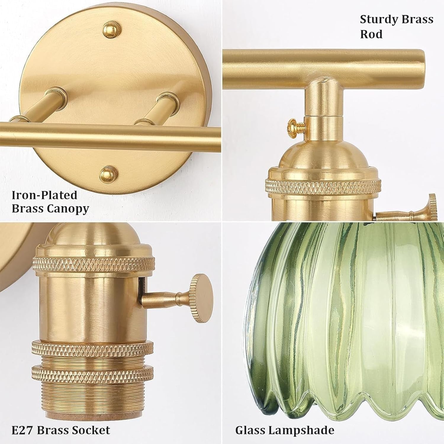 2-Light Green Glass Wall Sconce Vanity Light Brass Fixture for Bathroom