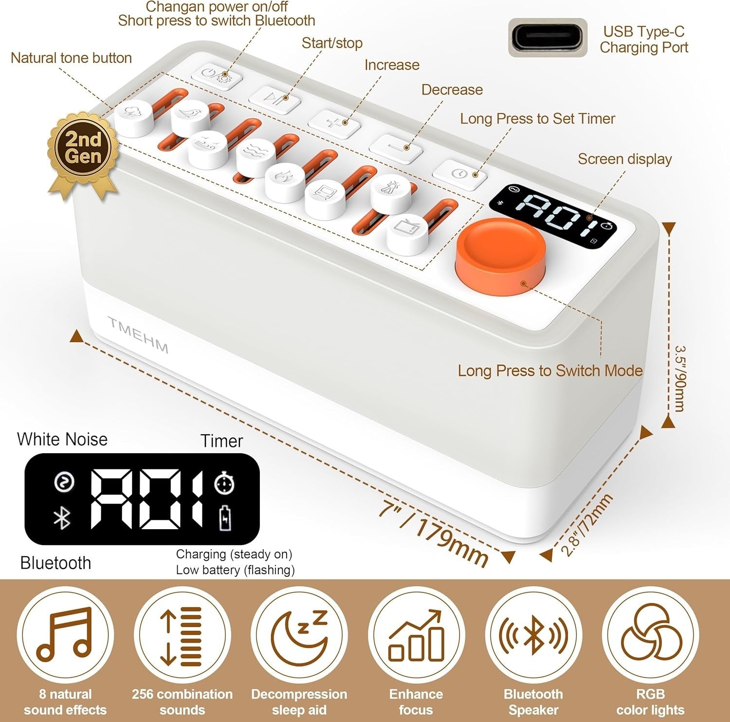 White Noise Machine with 8 Nature Sounds, Night Light & Bluetooth Speaker