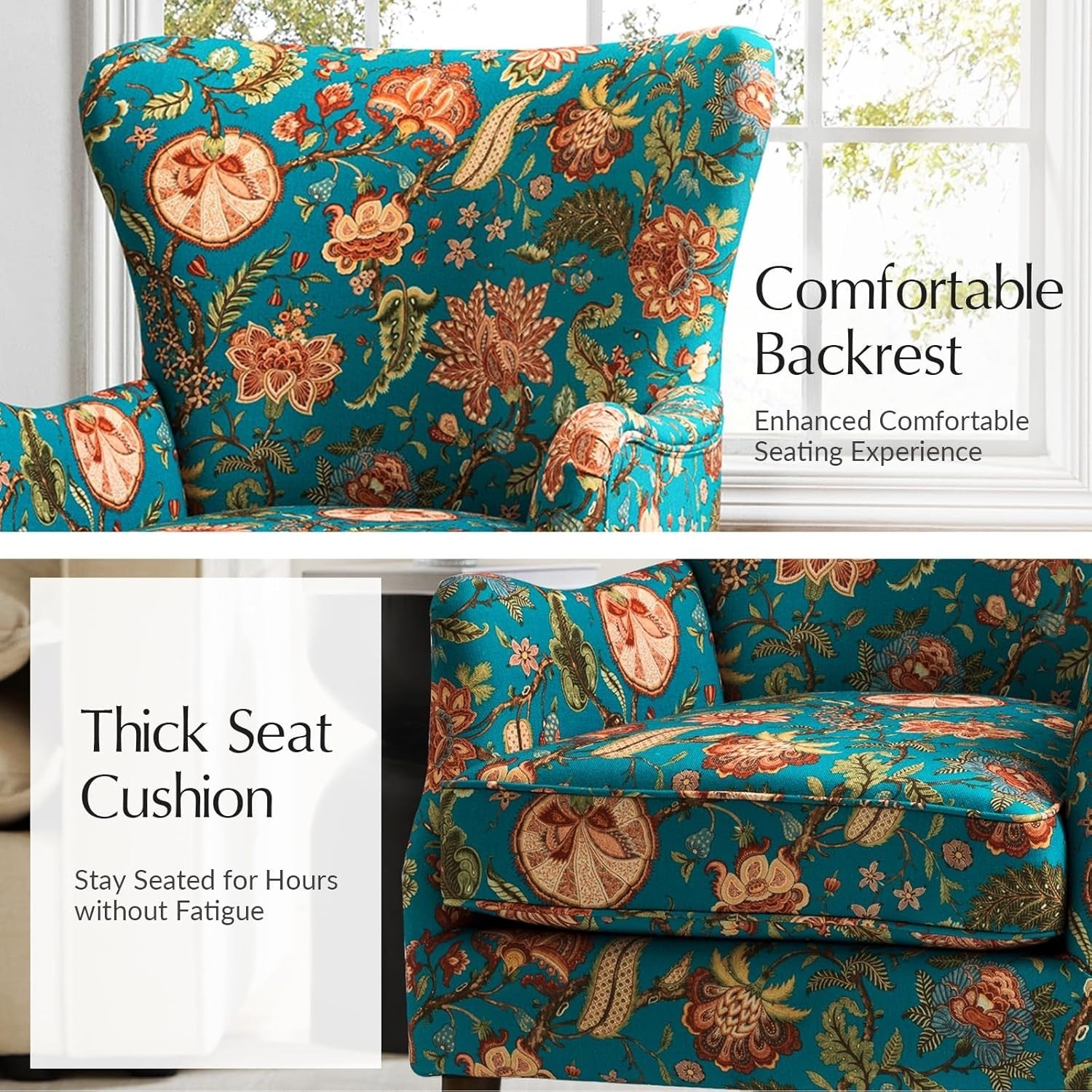 Teal Floral Wingback Armchairs Set of 2 – Classic Lounge Chairs