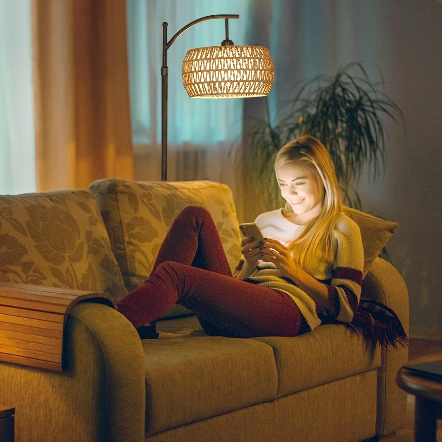Adjustable Rattan Arc Floor Lamp with Remote, Dimmable LED Light for Living Room