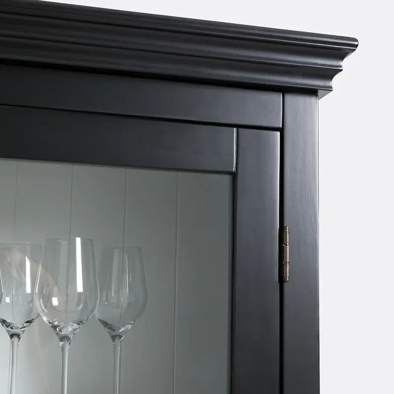Tall Glass Display Cabinet Black Solid Pine Storage Unit 100x200x37cm
