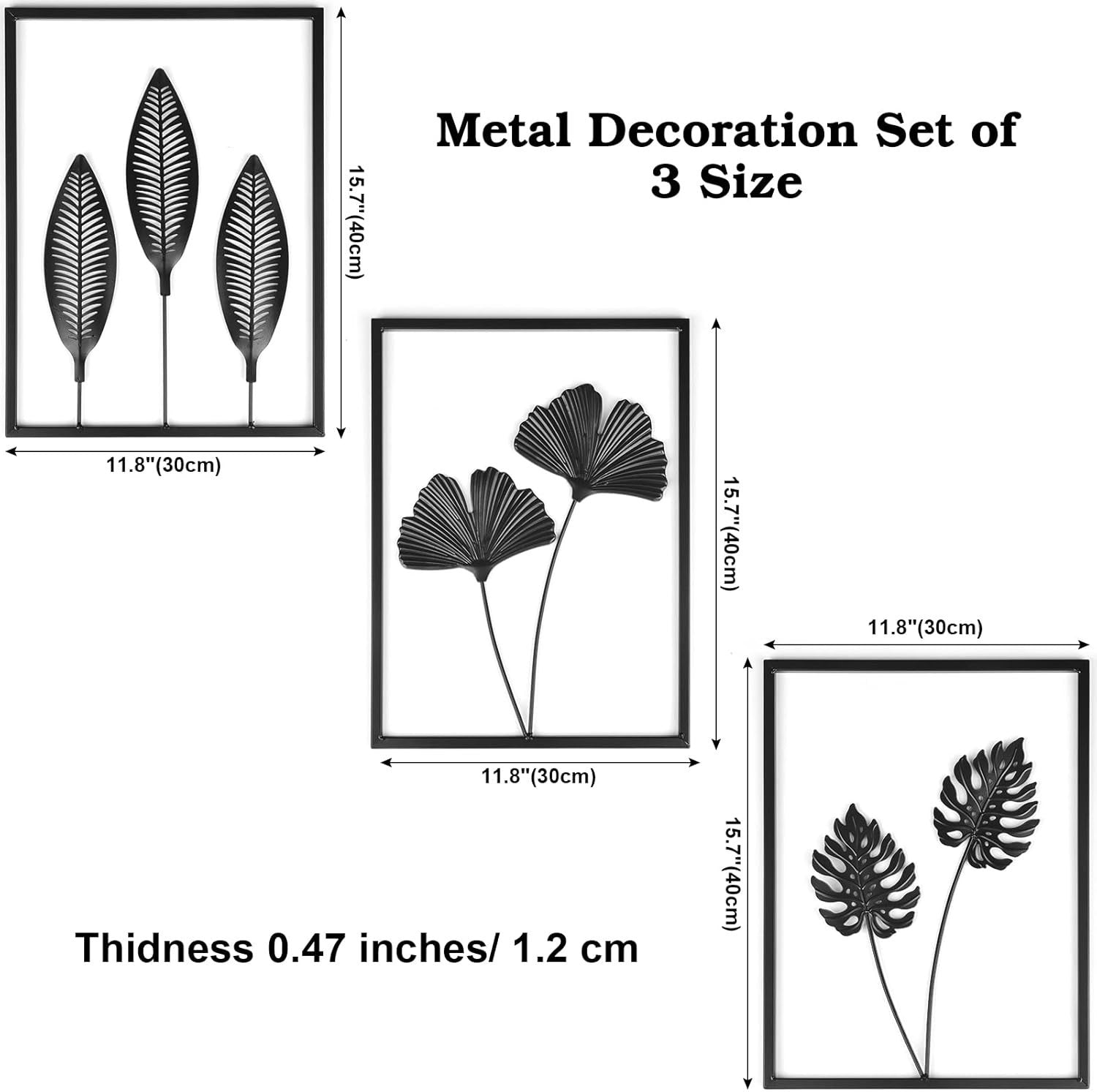 Black Metal Wall Decor Set LED Leaf Wall Art Hanging Set of 3