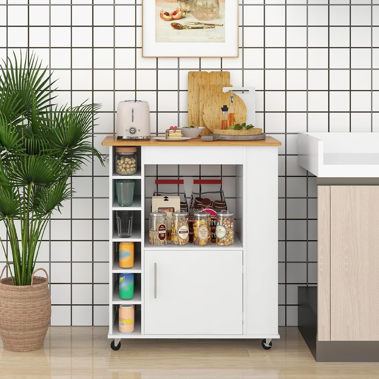 Kitchen Island on Wheels Bamboo Top Wine Rack Cabinet