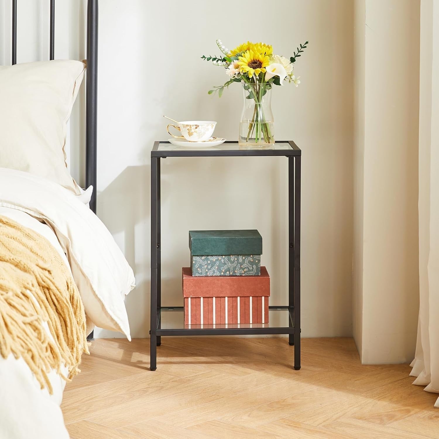 Black 2-Tier Side Table 38x28x56 cm | Sofa & Bedside Table w/ Tempered Glass