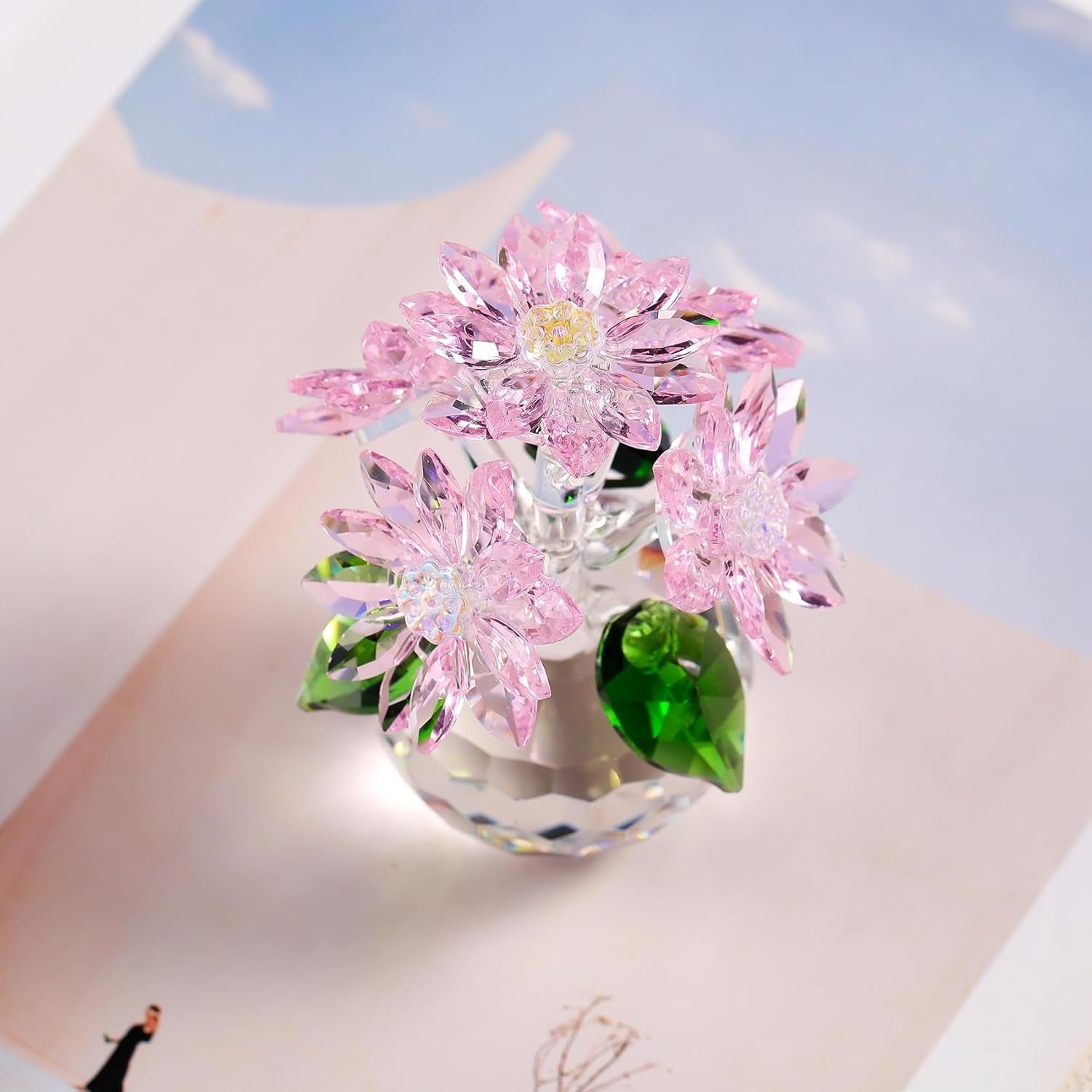 Pink Crystal Daisy Bouquet Ornament Collectible Flower Gift 10cm Paperweight