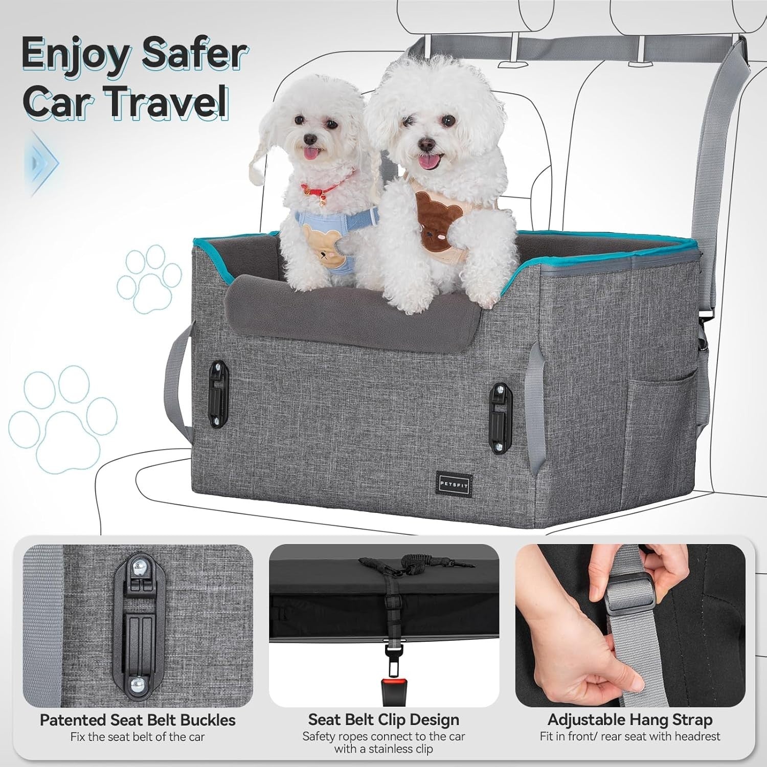 Dog Booster Car Seat Adjustable Height Travel Bed 25lb Grey Medium