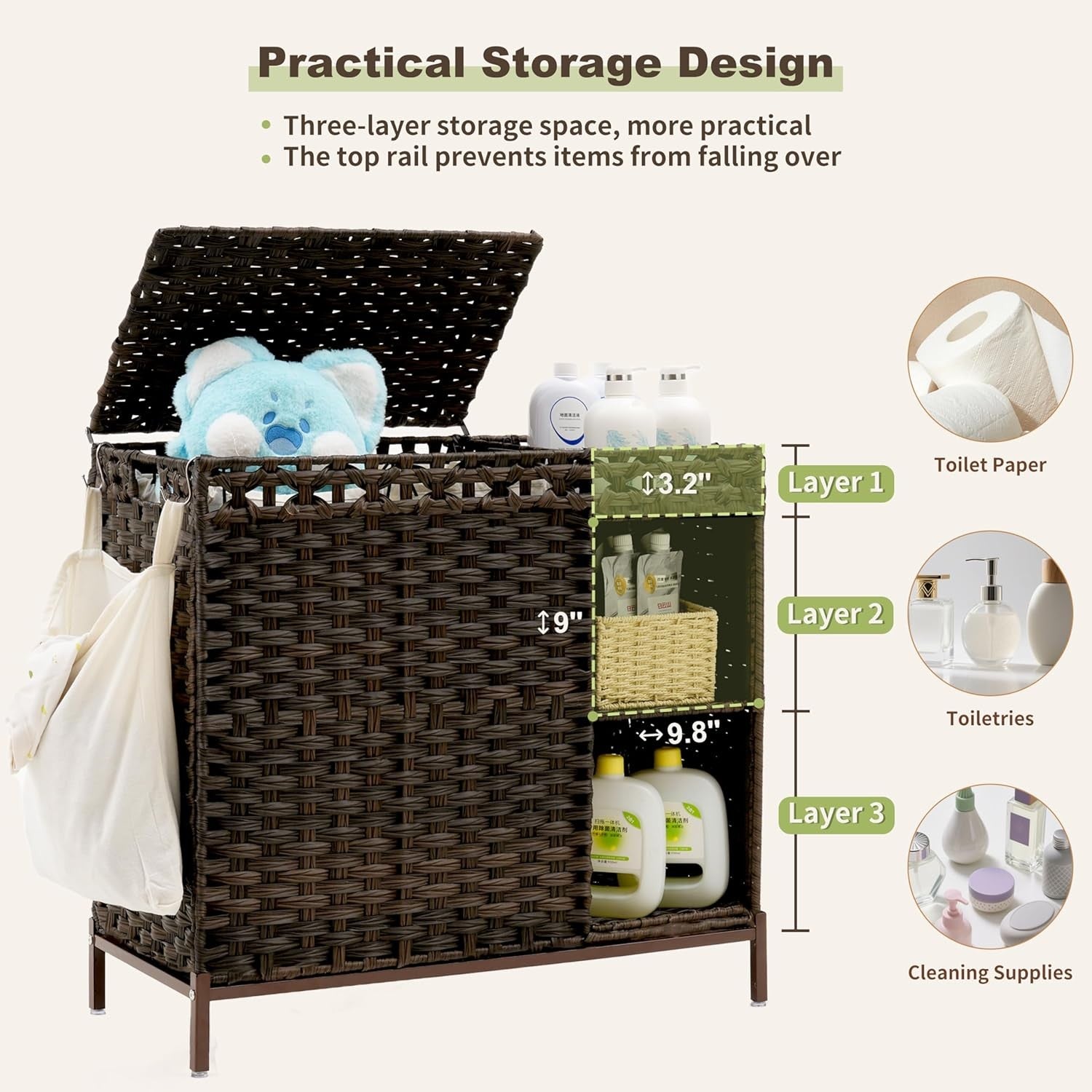 110L Brown Rattan Laundry Hamper 2 Section with Lid Wicker Basket Shelf Unit