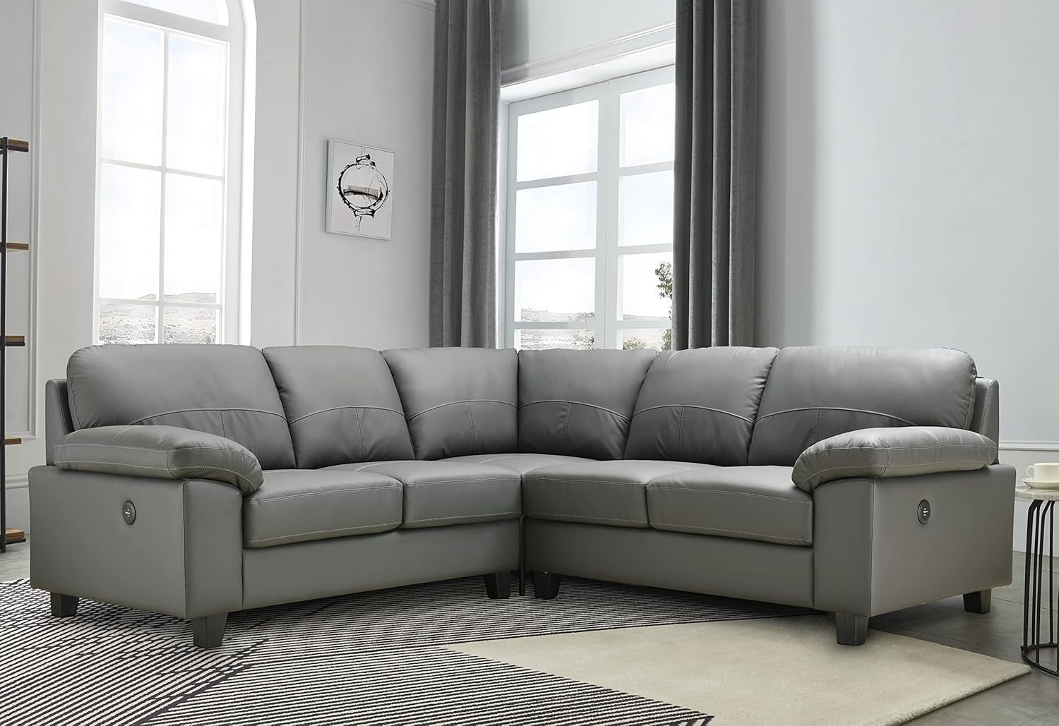 Dark Grey Genuine Leather L-Shape Corner Sofa with USB Ports – Boston