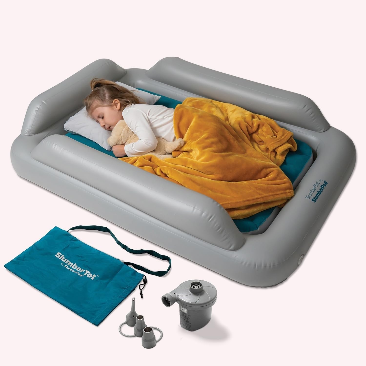 Inflatable Toddler Travel Bed w Safety Rails Pump Carry Bag Kids Air Mattress