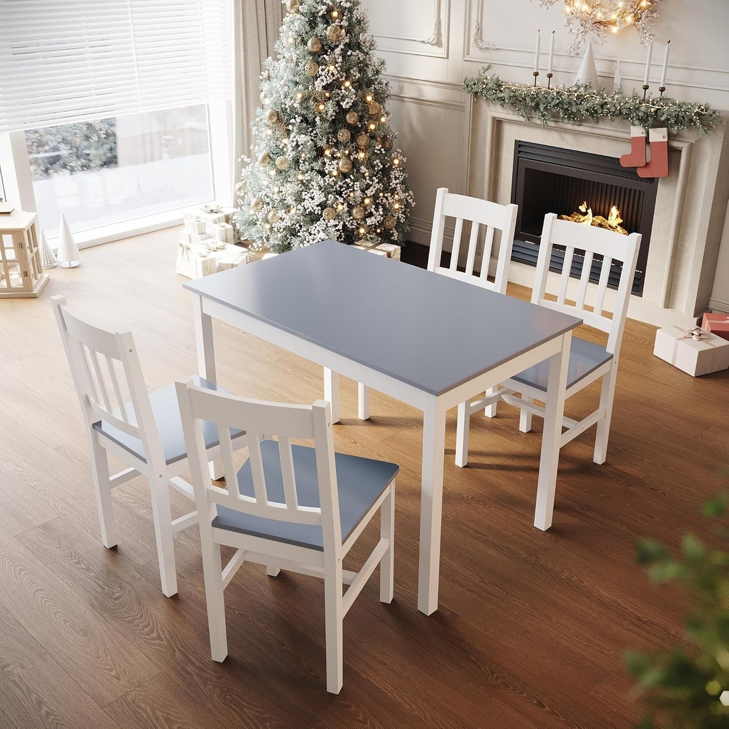 Solid Pine Wood Rectangular Dining Table & 4 Chairs Set - Grey Kitchen