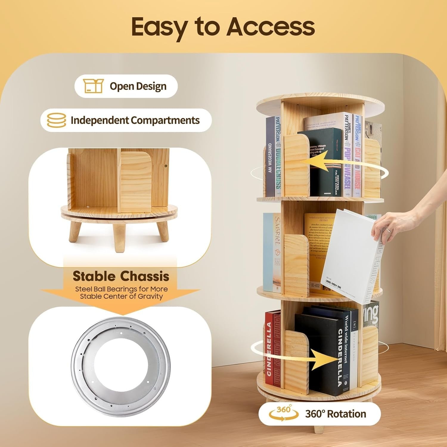3 Tier Rotating Bamboo Bookshelf Tower | 360° Display Organizer 111cm