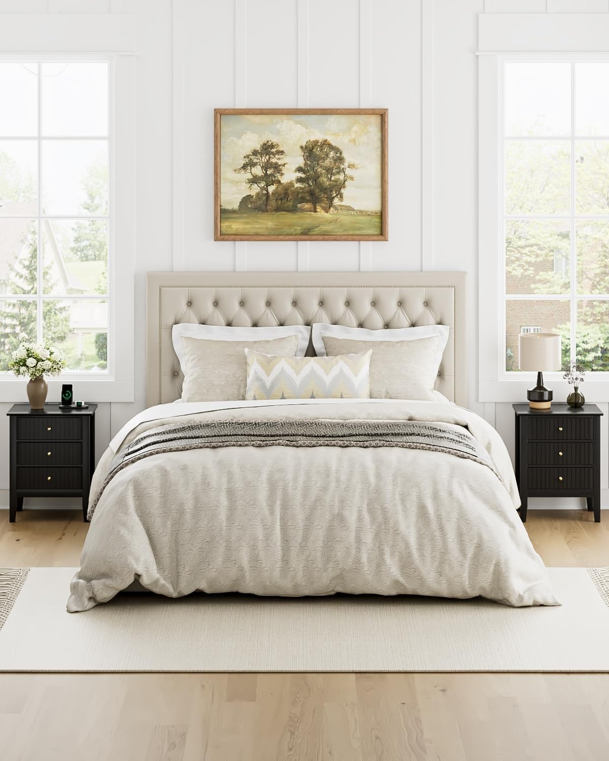 Modern Black Bedside Table with 3 Drawers Wooden Nightstand Bedroom Storage