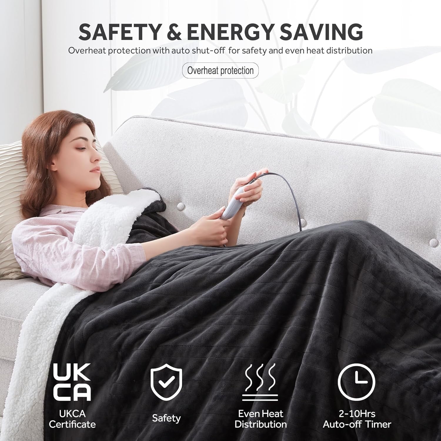 Electric Heated Blanket Double Size Sherpa Fleece 6 Heat Auto Off 150x200cm