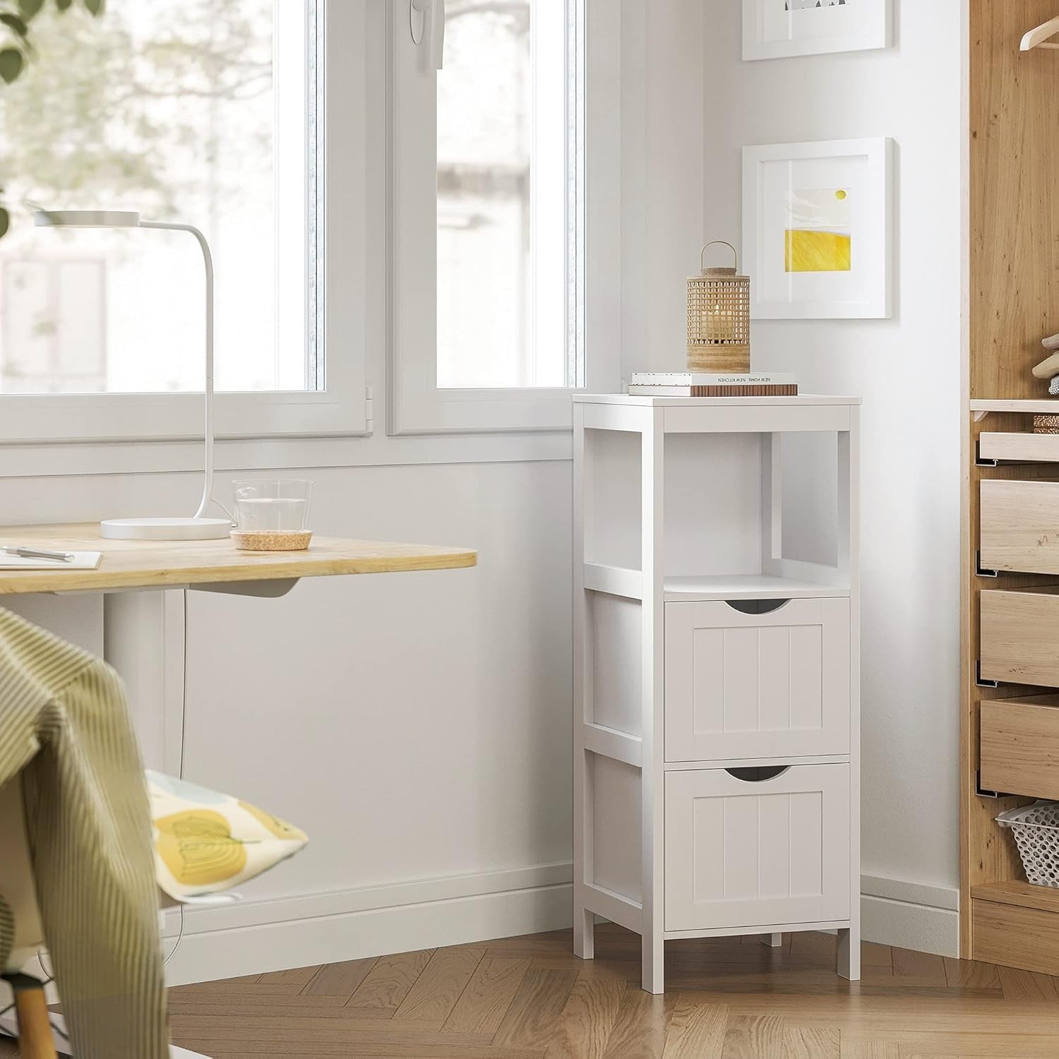 Tall White Bathroom Storage Cabinet – 2 Drawers + Open Shelf Modern Slim Unit