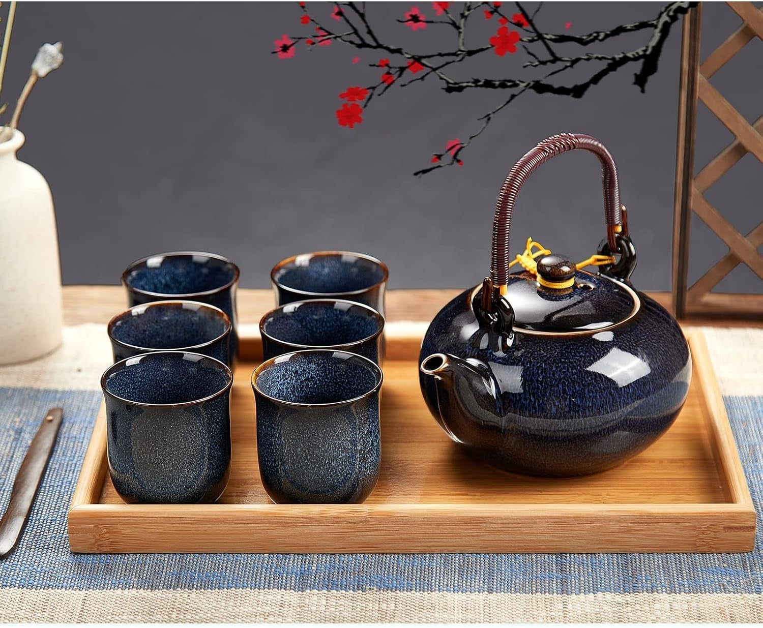 Japanese Tea Set Porcelain Teapot 6 Cups Bamboo Tray Dark Blue