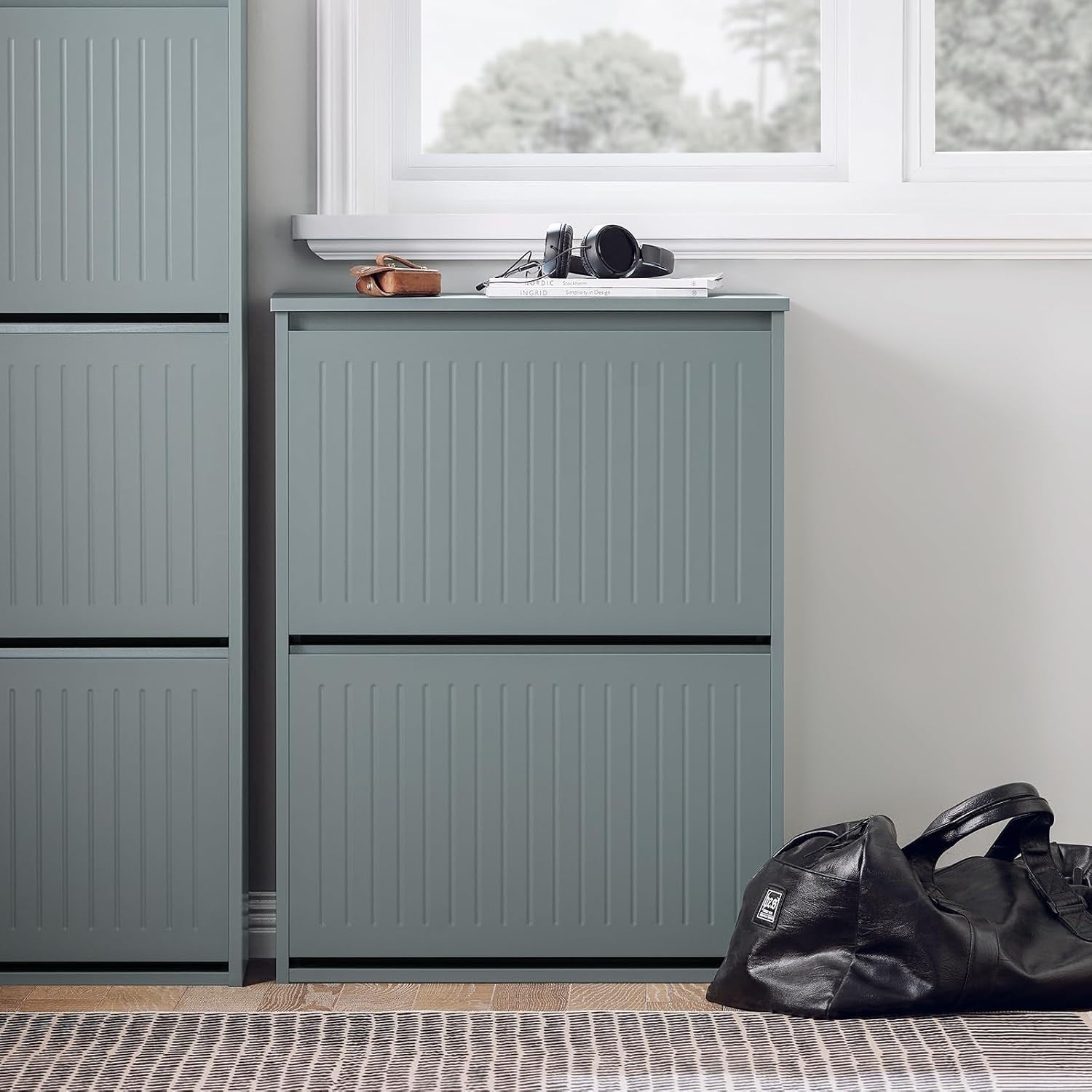 Slim Shoe Storage Cabinet Grey – 2 Flip Drawers Narrow Hallway Cupboard MDF