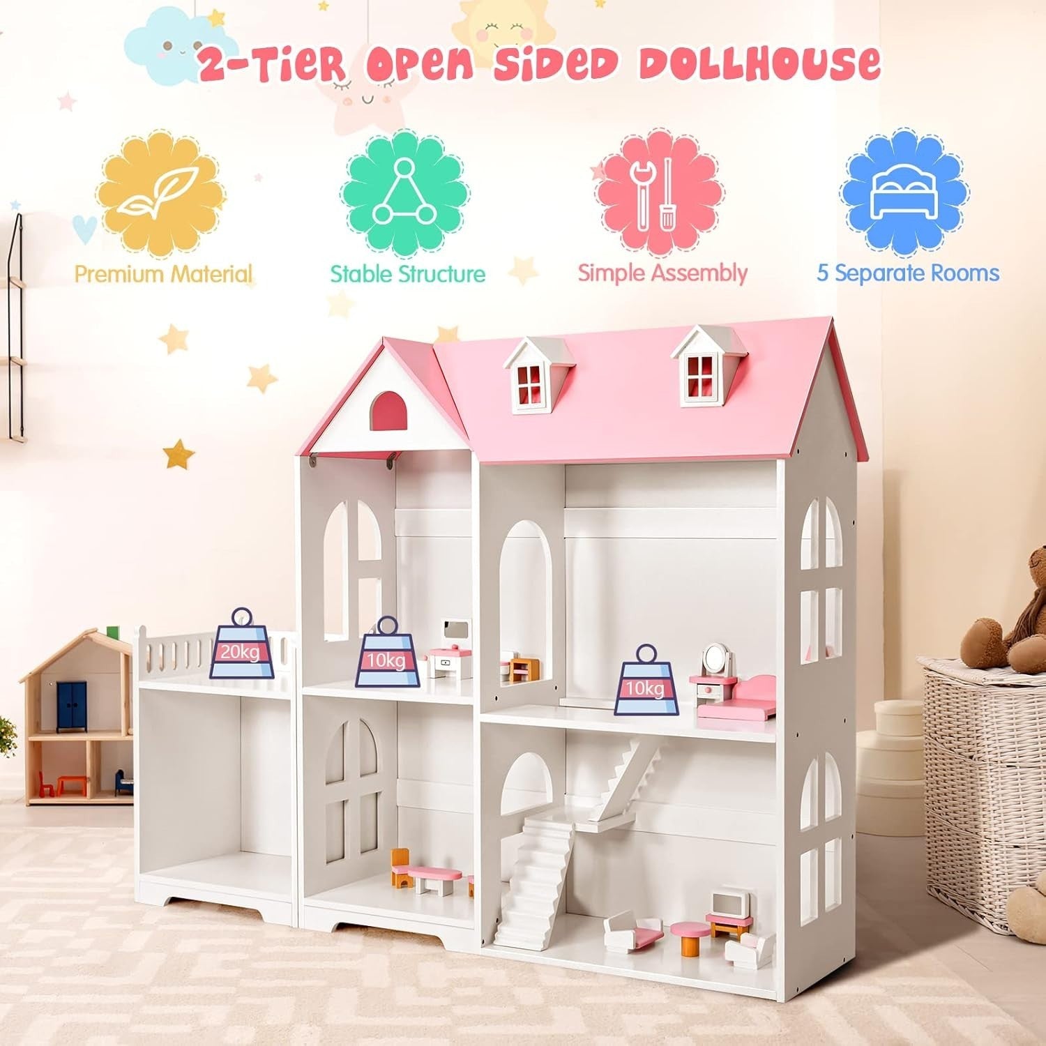 2in1 Kids Dollhouse Wooden Bookcase 2-Storey Playset w/ 14 Furniture Pink