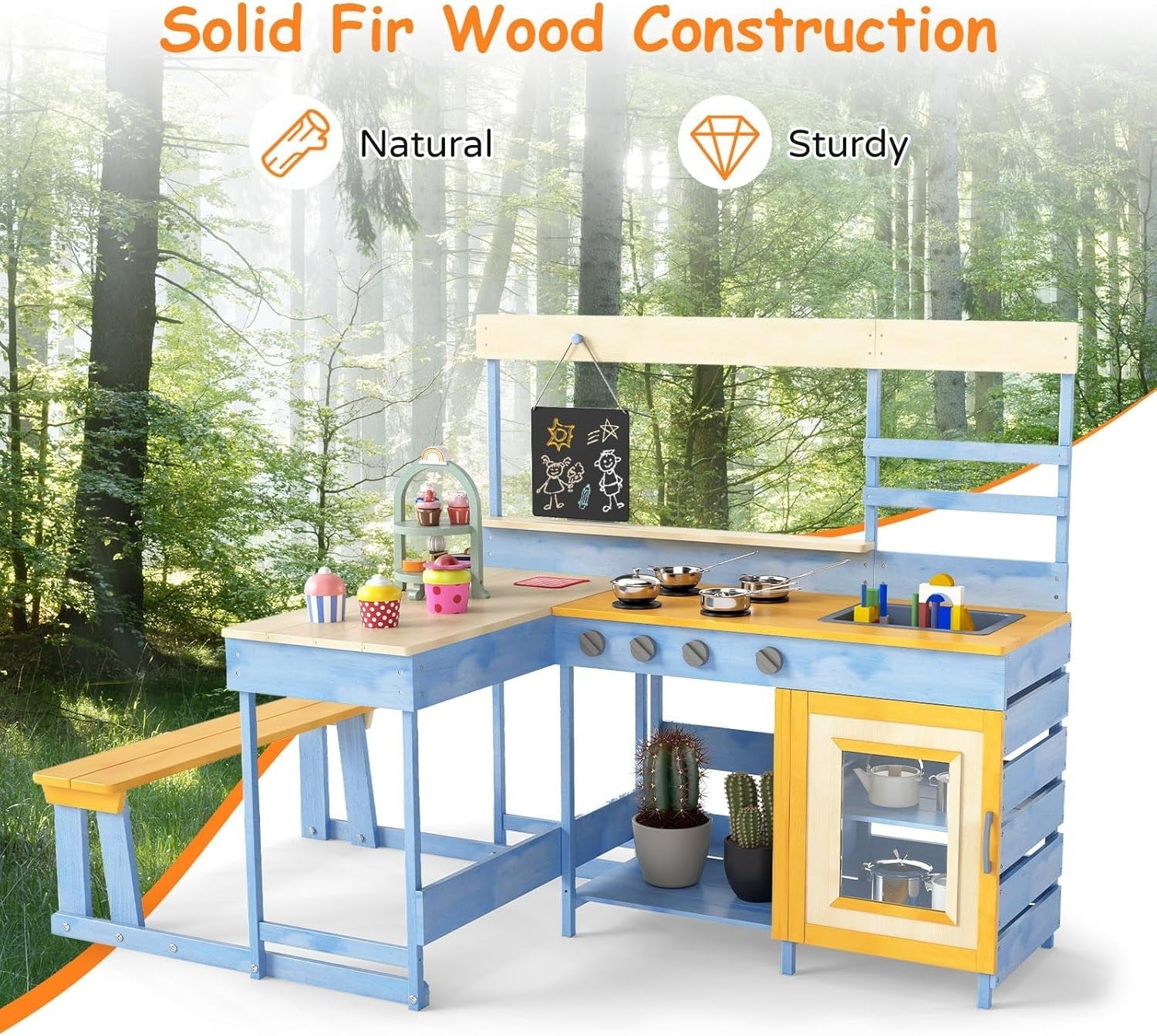 Outdoor Mud Kitchen Kids Playset w/ Picnic Table Blackboard Toys