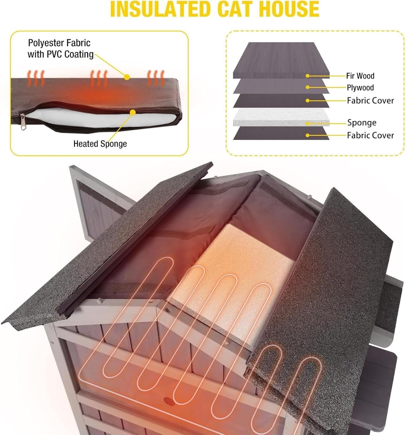 Heated 2-Level Wooden Pet House Outdoor Indoor Insulated Warm Cozy 75x75x85cm
