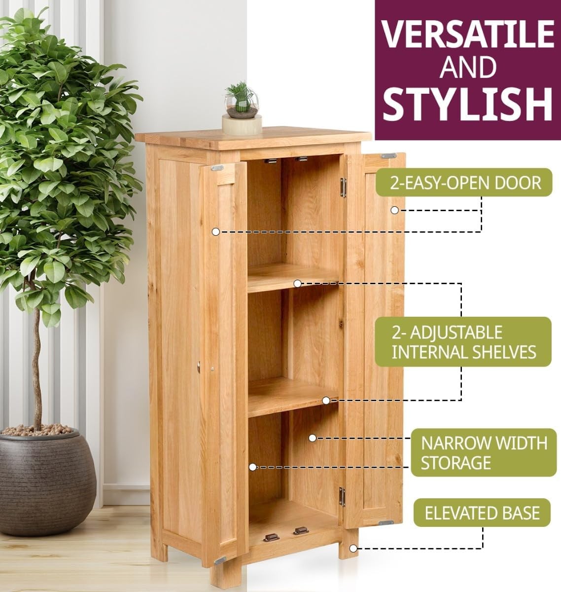Narrow Oak Storage Cabinet 2 Door Cupboard | Adjustable Shelves Solid Wood Unit