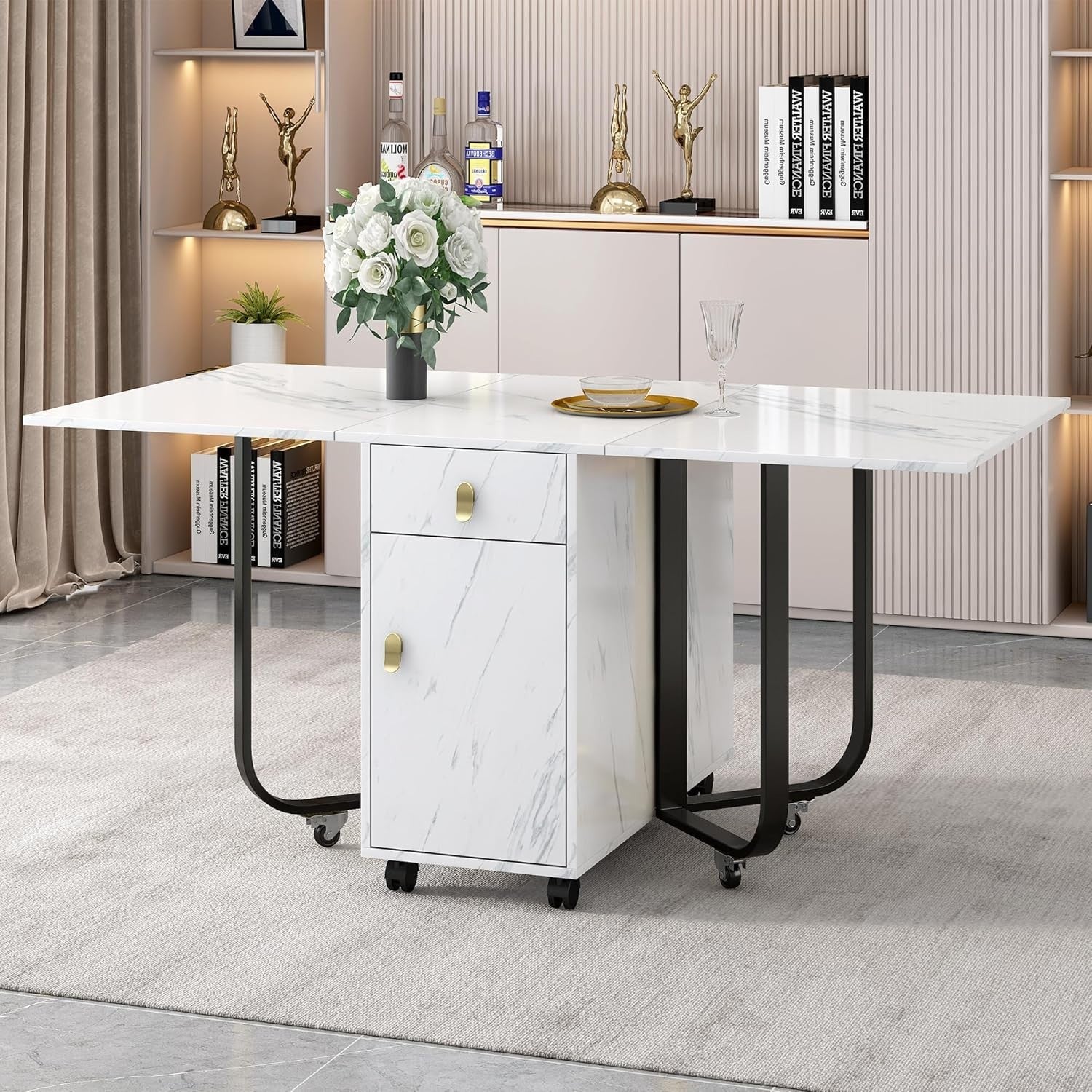 Folding Kitchen Island Unit  - Marble Dining Table with 2 Storage Drawers