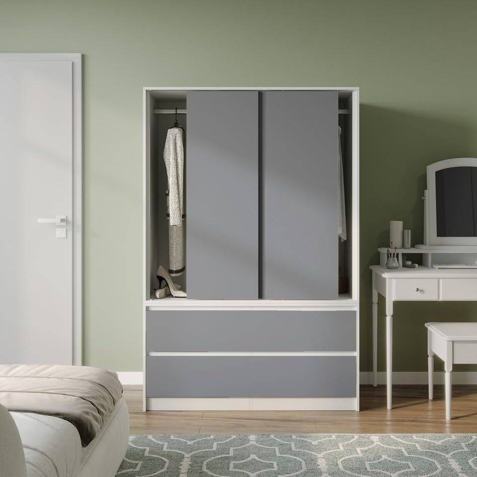 Grey Sliding Wardrobe with 4 Drawers Rail Storage Modern Bedroom Unit