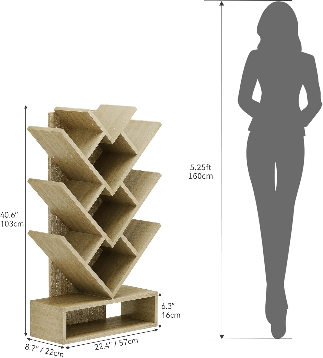 Tree Bookshelf with Drawer 5 Tier Oak  Wooden Bookcase Storage Rack