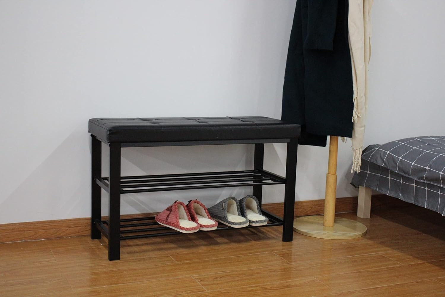 3 Tier Shoe Rack Bench with Leather Tufted Seat Storage Organiser 82cm