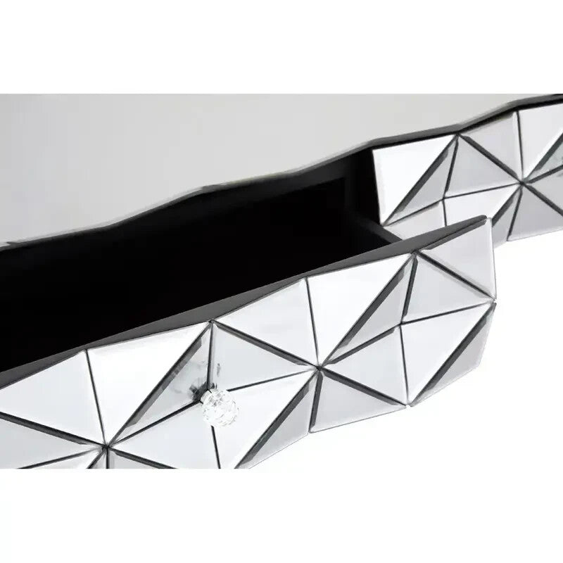 Luxury Mirrored 3D Glass Coffee Table – Silver Top with Black Wood Legs
