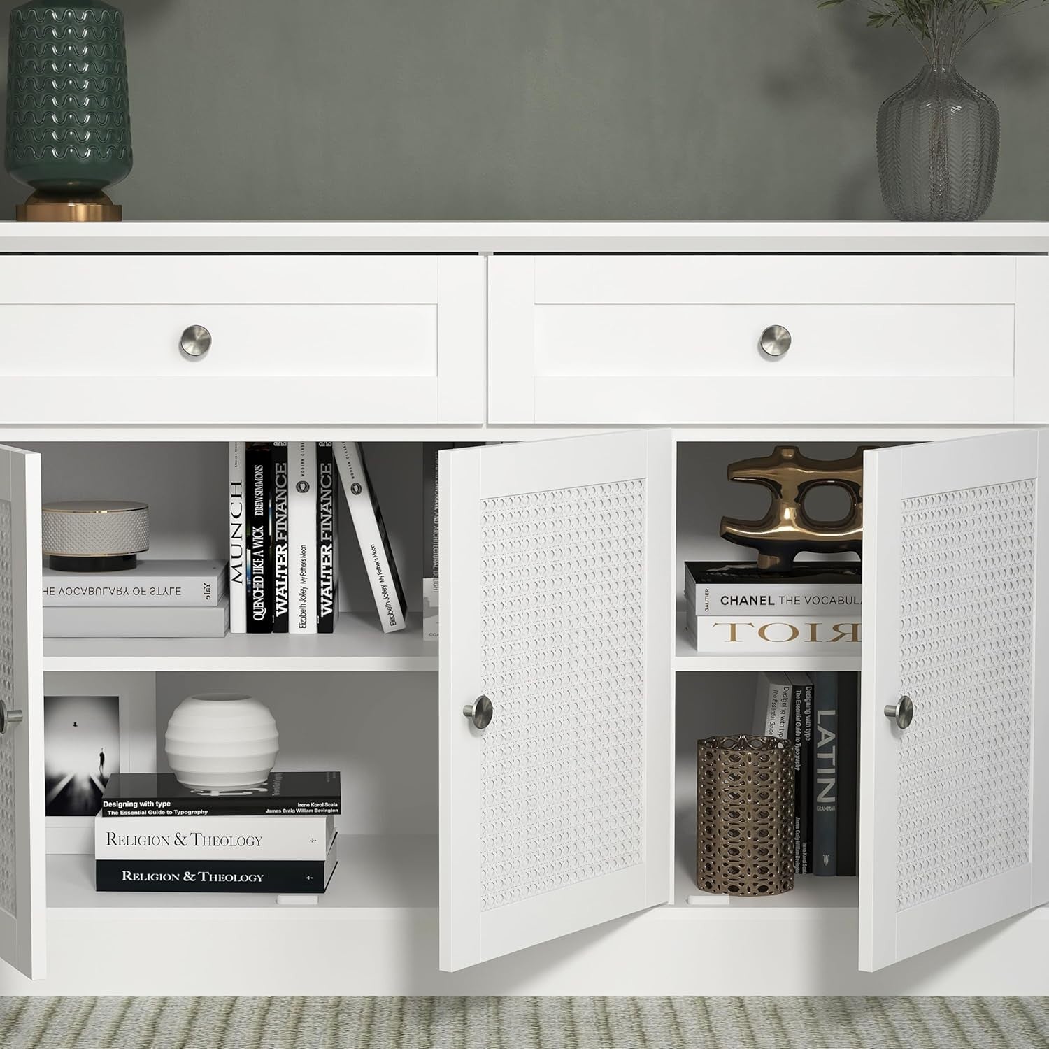 White Rattan Sideboard Cabinet 3 Door 2 Drawer Storage Unit Kitchen