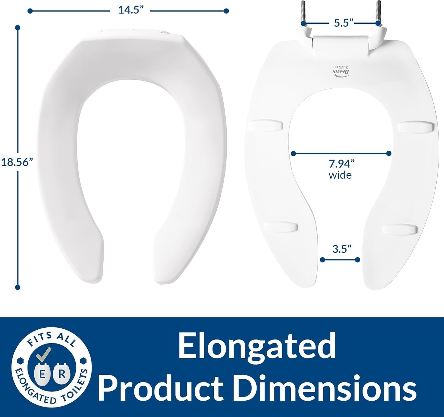 White Elongated Open Front Toilet Seat STA-TITE Self-Sustaining Hinges