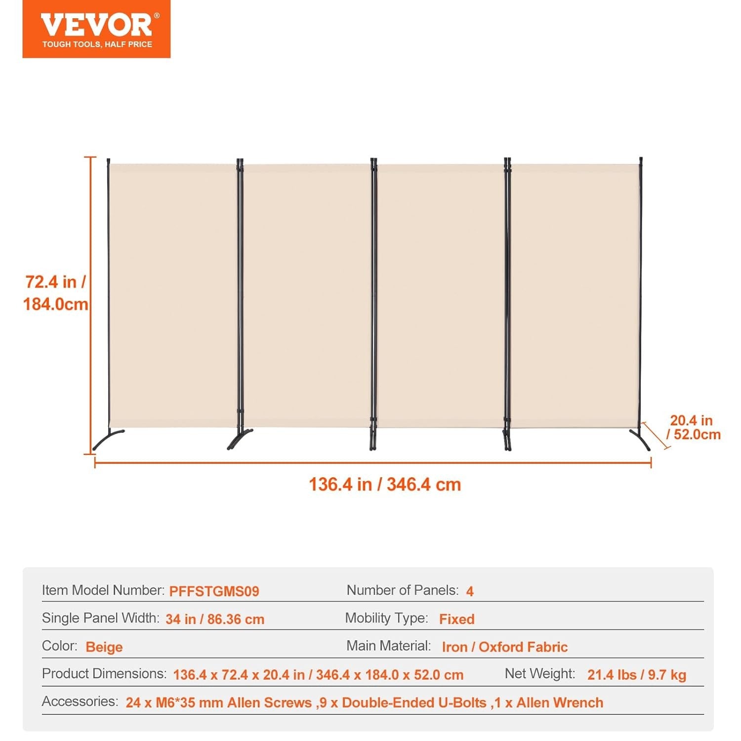 4 Panel Beige Folding Room Divider Privacy Screen Partition 364x184cm