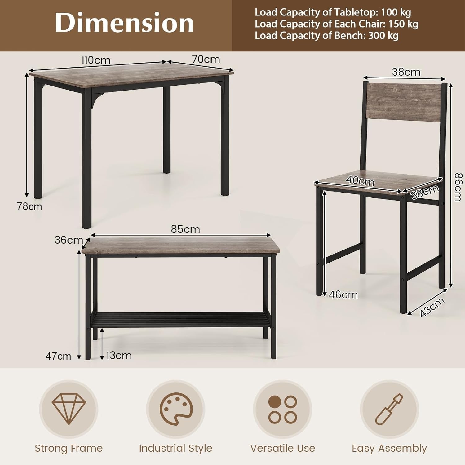 Industrial 4-Piece Dining Set with Bench & Storage Rack – Compact & Stylish