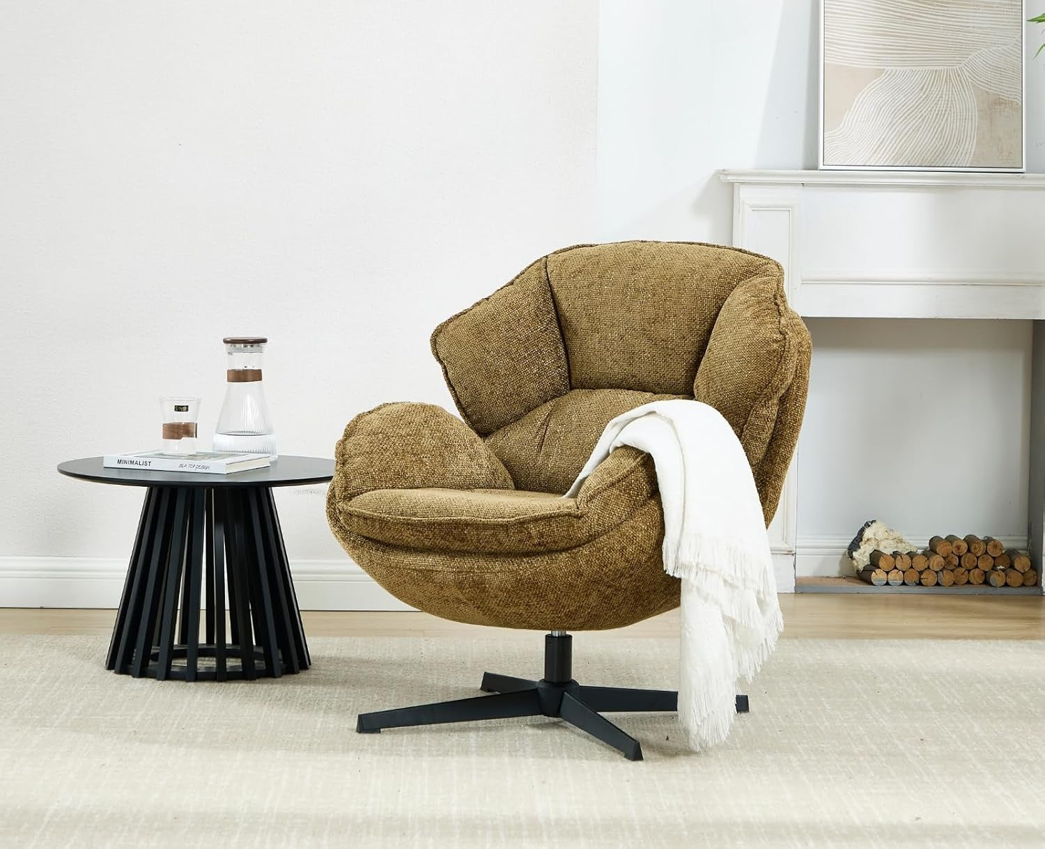 Swivel Lounge Chair Yellow Chenille Armchair 360° Comfy Reading Seat