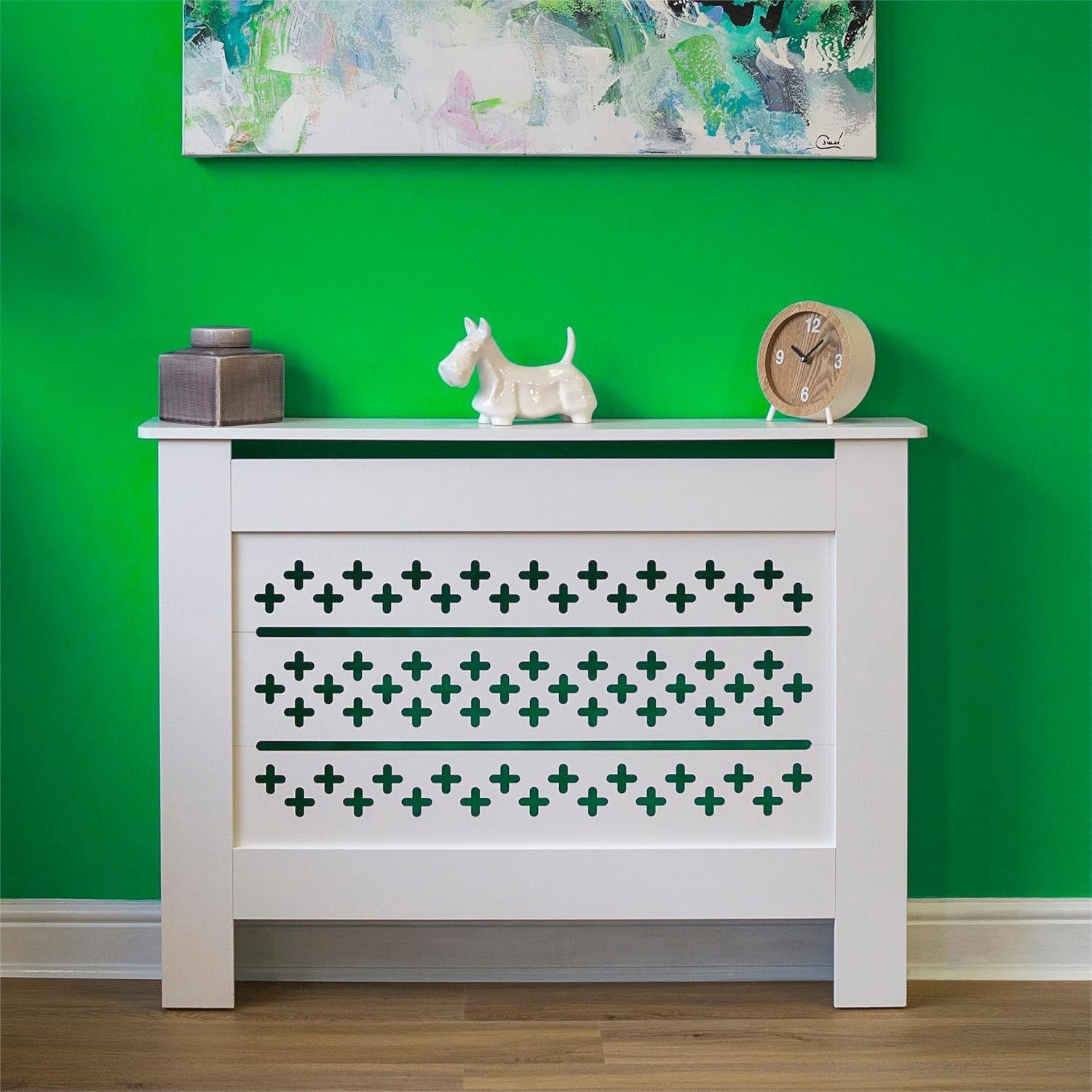 White MDF Radiator Cover with Cross Pattern Vents W109xH82cm Modern Cabinet