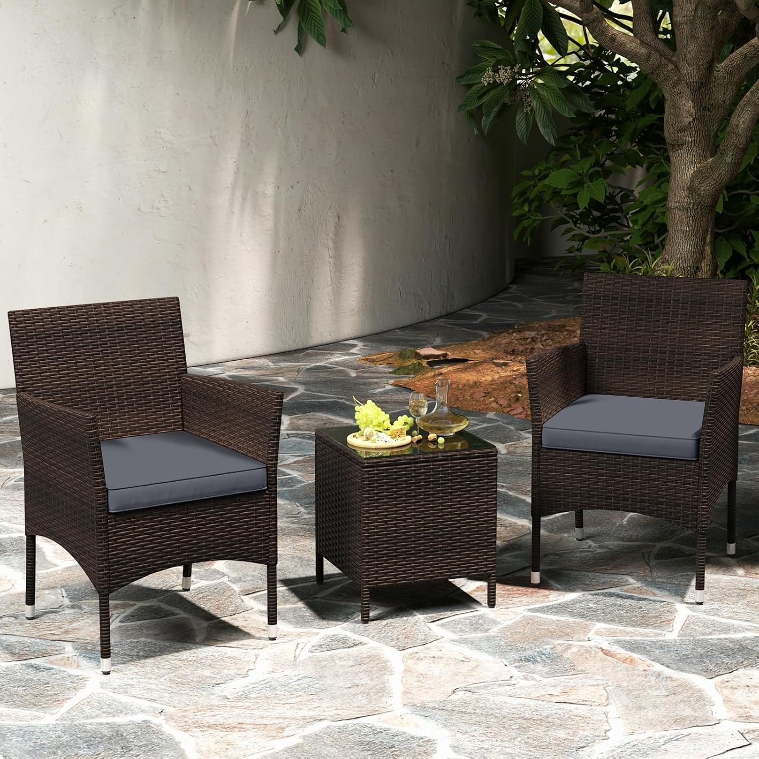3PC Rattan Bistro Set Outdoor Patio Chairs Table Cushioned Balcony Set