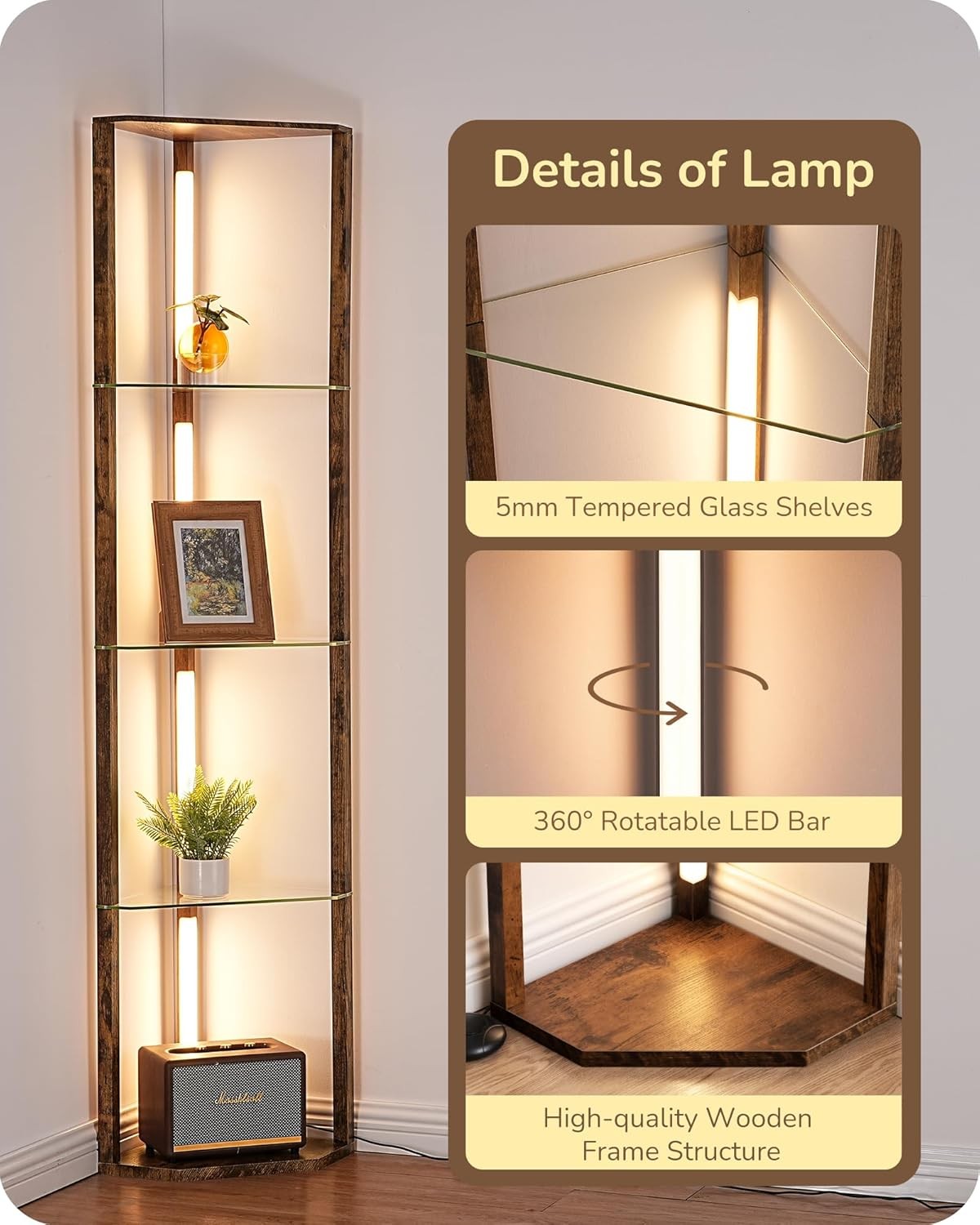 LED Floor Lamp with Glass Shelves Dimmable Corner Standing Display Light